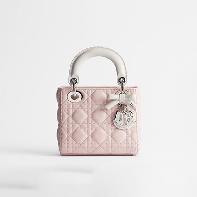 dior lady dior mini two tone pale pink white lambskin cannage quilt chain crossbody hand bag